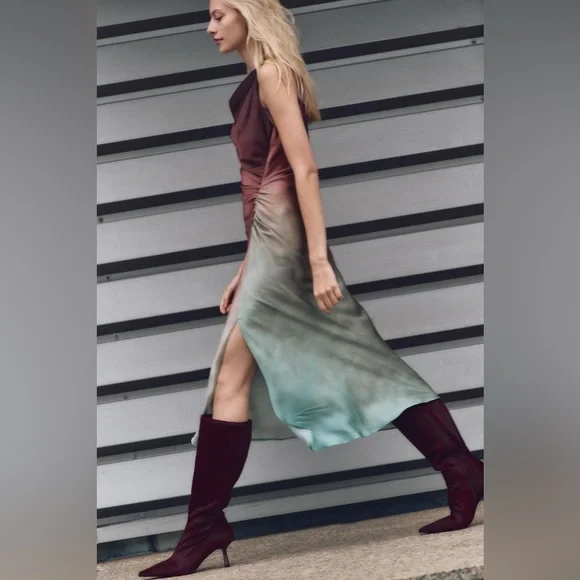 Zara dress midi satin tie dye fitted bodycon casual evening wedding cowl neck - Picture 10 of 13